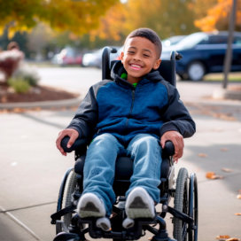 black smiling kid in a wheelchair