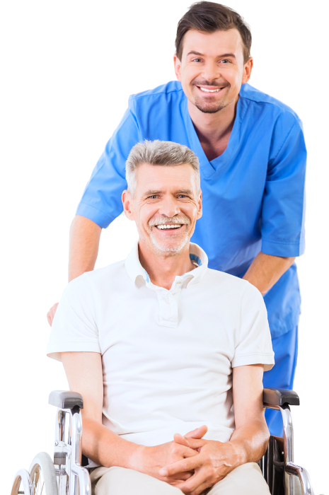 caretaker and elderly man smiling